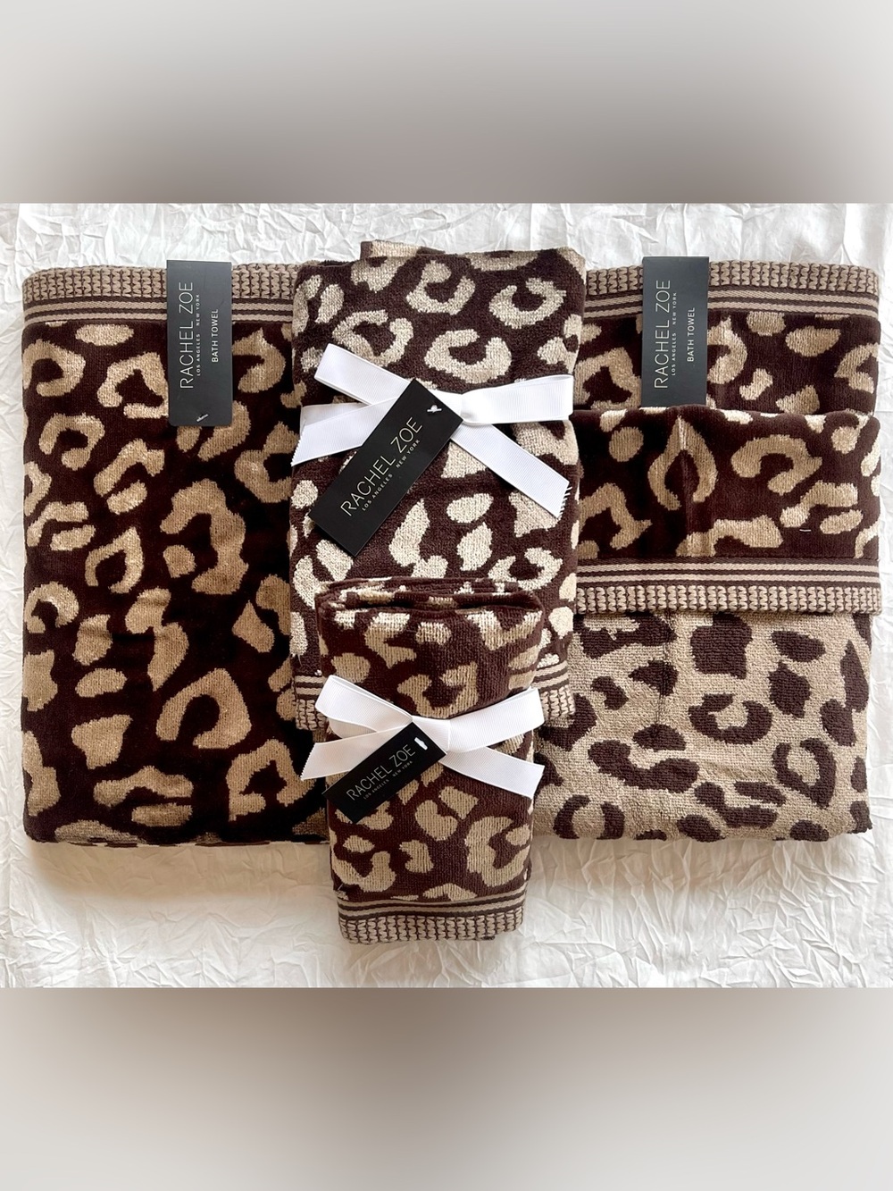 💕NWT 6-Piece Rachel Zoe Hot Fudge & Caramel Leopard Print Towel Set